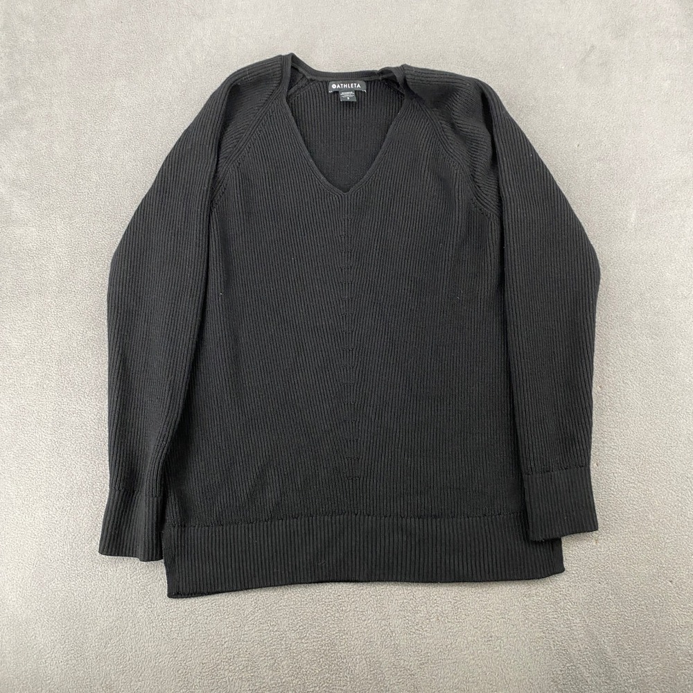 Athleta Black Ribbed V-Neck Merino Wool Blend Raglan Sweater Small
